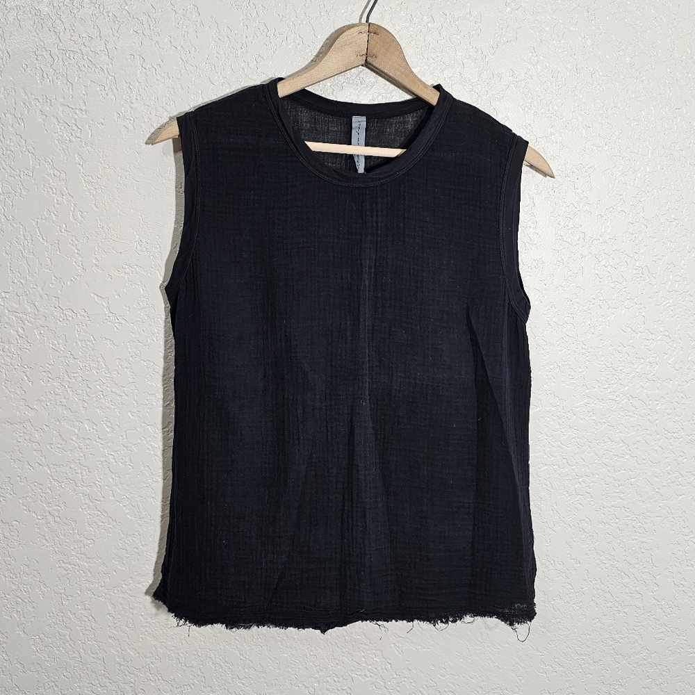 Raquel Allegra Black Sheet Cotton Raw Hem Top